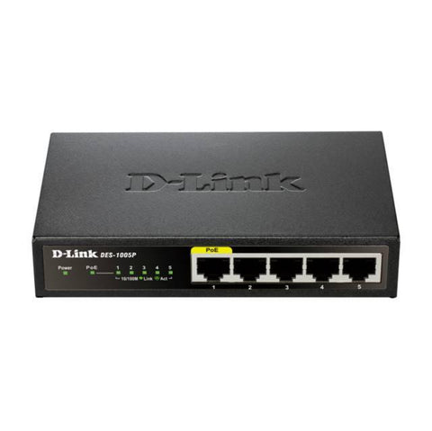 D-Link DES-1005P 5-Port Fast Ethernet Unmanaged Metal Desktop Switch w- 1 PoE Port